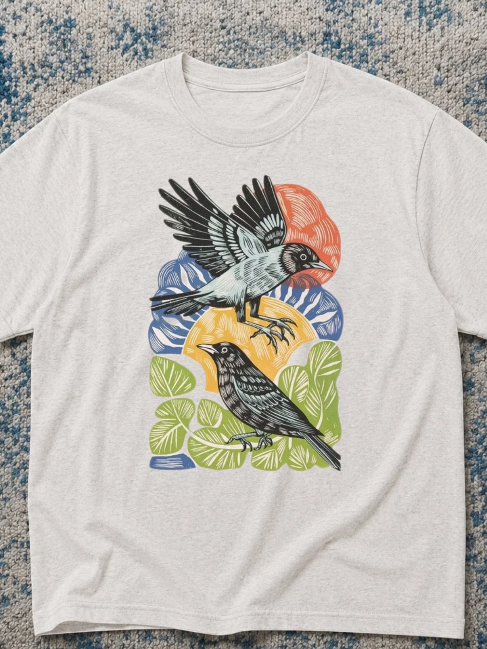 Gildan ASHGREY Graphic Tee with Multicolor Bird Illustration